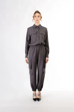 pantaloni modello cargo con polsino e vita elasticata antracite