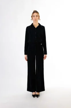 pantaloni palazzo in velluto cangiante petrolio