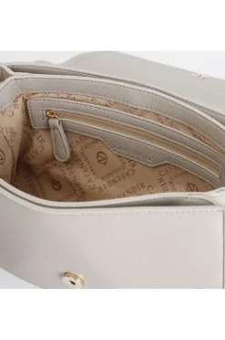 pattina con charm grande fiore in tessuto, manico con fibbia regolare tortora