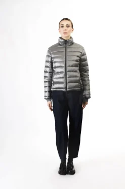 piumino corto tessuto lucido piombo