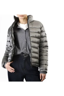 piumino corto tessuto lucido piombo