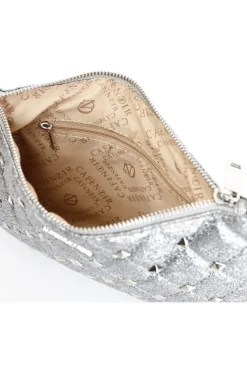 pochette glitterata con borchie esagonali argento