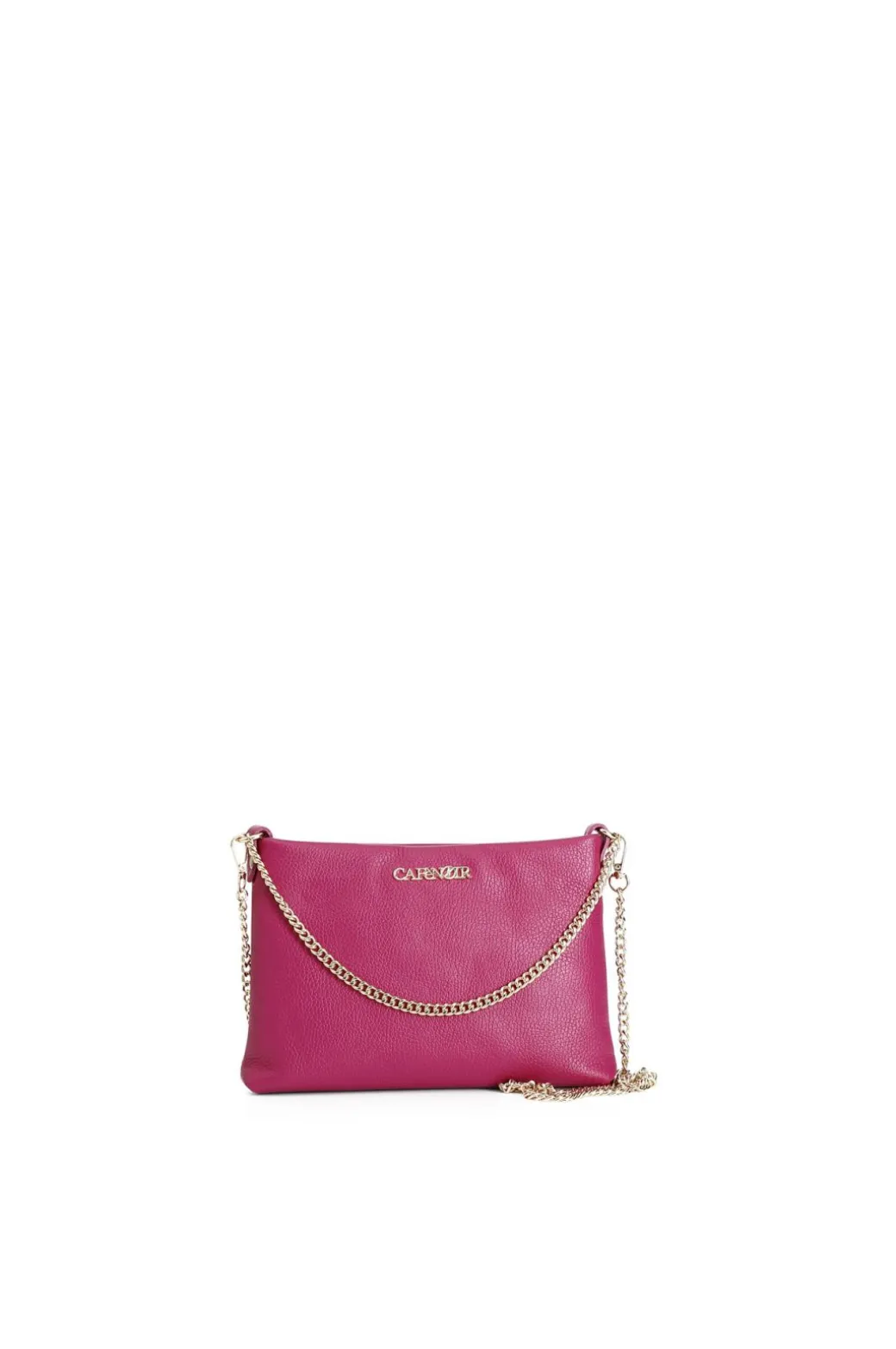 pochette in pelle martellata con tracolle in catena fuxia
