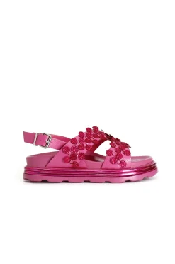 sandali asimmetrici con infilatura in microstrass fuxia