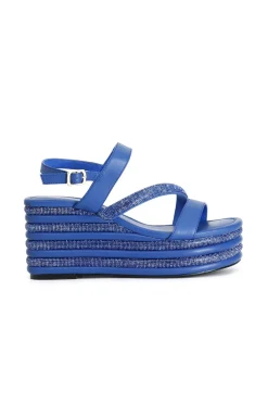 sandali asimmetrici strass e nappa con zeppa righe strass cobalto