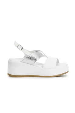 sandali bicolor su zeppa in pelle bianco