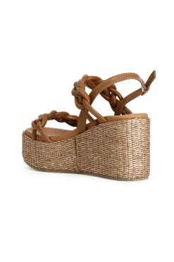 sandali frate su zeppa in rafia cuoio