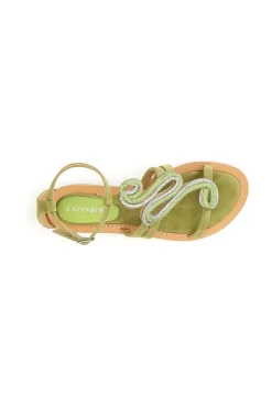 sandali in camoscio con accessorio strass verde