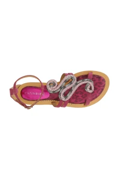 sandali in camoscio e stampa maculata con accessorio strass multi fuxia
