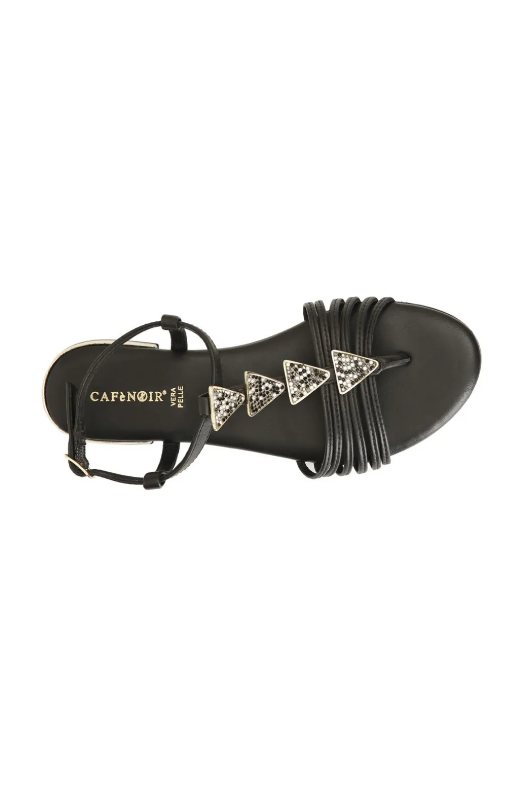 sandali in pelle mignon con accessorio triangolo strass nero