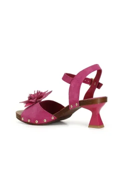 sandali in pelle scamosciata con fiore 3d e cinturino alla caviglia fuxia