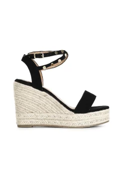 sandali in tessuto con borchie su zeppa corda nero