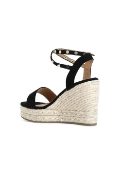 sandali in tessuto con borchie su zeppa corda nero