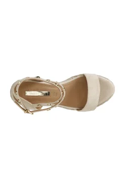 sandali in tessuto con borchie su zeppa corda sabbia