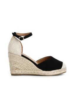 sandali in tessuto e zeppa in corda nero