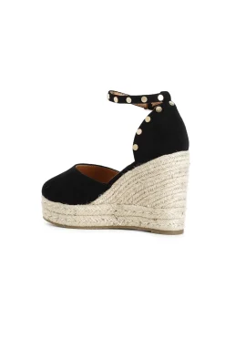 sandali in tessuto e zeppa in corda nero