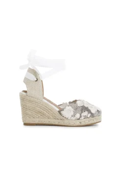 sandali in tessuto ricamato su zeppa in corda multi bianco