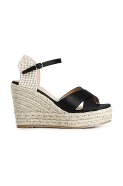 sandali in tessuto su zeppa corda nero