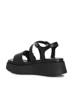 sandali incrocio in pelle su zeppa nero