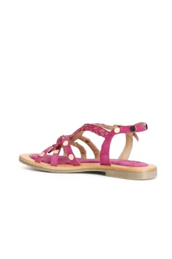 sandali incrocio in pelle scamosciata e raffia fuxia