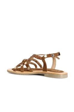 sandali incrocio in pelle scamosciata e raffia cuoio