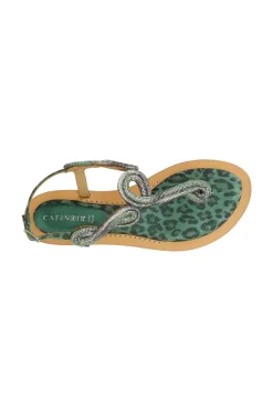 sandali infradito in camoscio e stampa maculata con accessorio strass multi verde