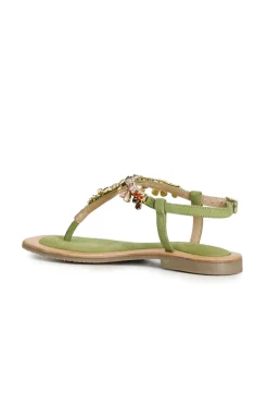 sandali infradito in pelle scamosciata con accessorio gioiello verde