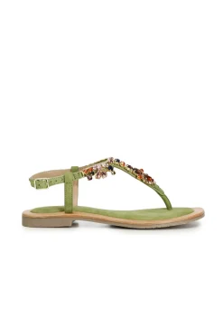 sandali infradito in pelle scamosciata con accessorio gioiello verde