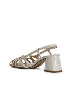 scarpe aperte in tessuto lurex con gabbia asimmetrica intrecciata platino