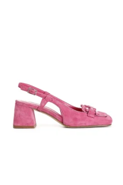 scarpe aperte sul retro in pelle scamosciata con morsetto fuxia