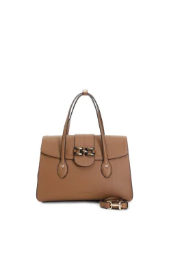 shopping bag con pattina , applicazione di morsetto verniciato marrone