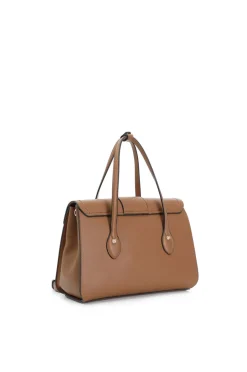 shopping bag con pattina , applicazione di morsetto verniciato marrone