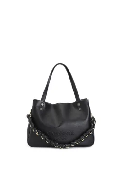 shopping con logo in rilievo e tracolla in catena intrecciata nero