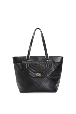 shopping trapuntata con motivo a rombi e tasca con pattina nero