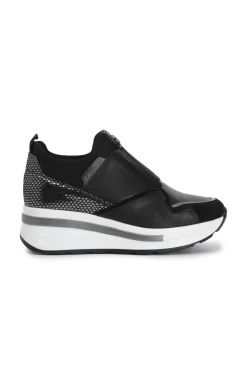 slip-on donna in pellle con inserti laminati nero