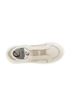 slip-on in pelle scamosciata laminata con riporti glitter beige