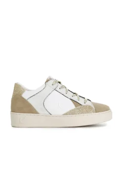 sneakers da donna in pelle e pelle scamosciata con riporti effetto metallico bianco camel
