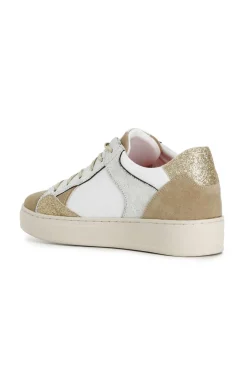 sneakers da donna in pelle e pelle scamosciata con riporti effetto metallico bianco camel