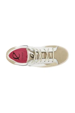 sneakers da donna in pelle e pelle scamosciata con riporti effetto metallico bianco camel