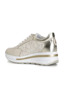 sneakers in pelle e pizzo beige