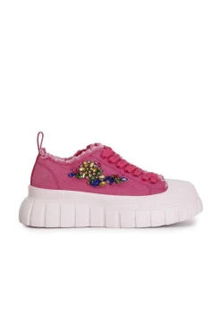 sneakers in tessuto sfrangiato e patch di strass fuxia