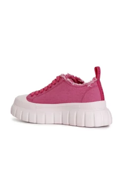 sneakers in tessuto sfrangiato e patch di strass fuxia