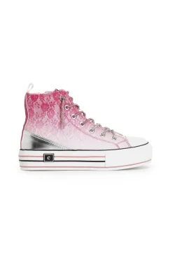sneakers mid pizzo degradé con lacci strass fuxia