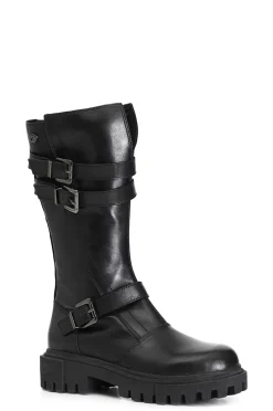 stivale donna in pelle con fibbie nero