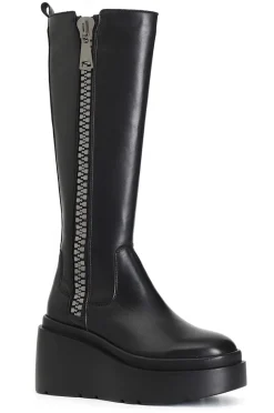 stivale in pelle con maxi cerniera e plateau nero