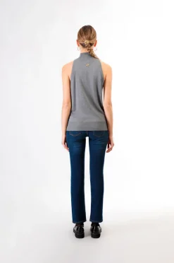 top smanicato con colletto alto fumo