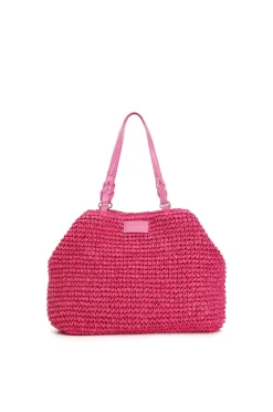 tote a lavorazione crochet con charm colorato a cuore con bordo in rafia fuxia