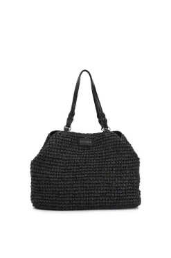 tote a lavorazione crochet con charm colorato a cuore con bordo in rafia nero