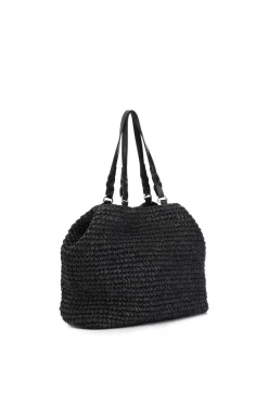 tote a lavorazione crochet con charm colorato a cuore con bordo in rafia nero