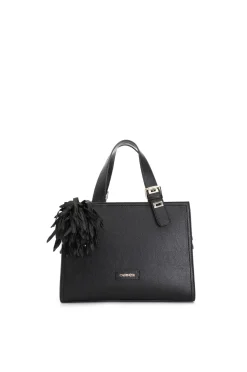 tote con charm grande e fiore in tessuto nero